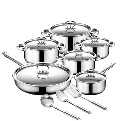 15-piece stainless steel cookware set with 12 pots, glass lids, non-stick pans, and utensils nested at 45x27x17cm