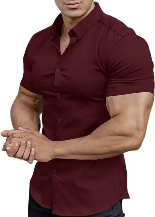 Men's short sleeve printed shirt with collar in brown, available in sizes S to 5XL
