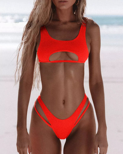 Women's solid colour bikini with hollow snake fabric for swimming