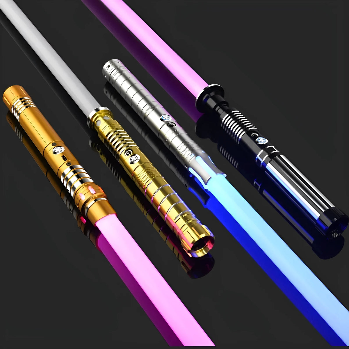 Metal rechargeable laser sword toy with gravity induction, 16 colour-changing lights, and 8 sound effects for children aged 7-14.