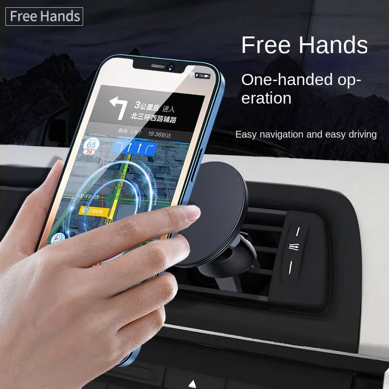 Black aluminium alloy magnetic phone holder attached to a car air vent, showing adjustable ball joint.