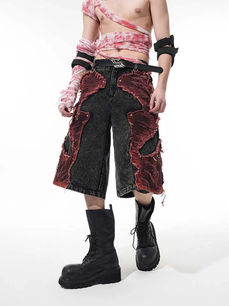 Distressed denim cropped wide-leg pants with brushed stitching in mid-high waist for women featuring micro-elastic cotton fabric available in XL, L, M, S sizes with loose fit and regular thickness