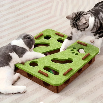 Interactive felt cat puzzle toy with maze tunnel, pathways, and bell ball, available in Circle or Square shape and four colours.