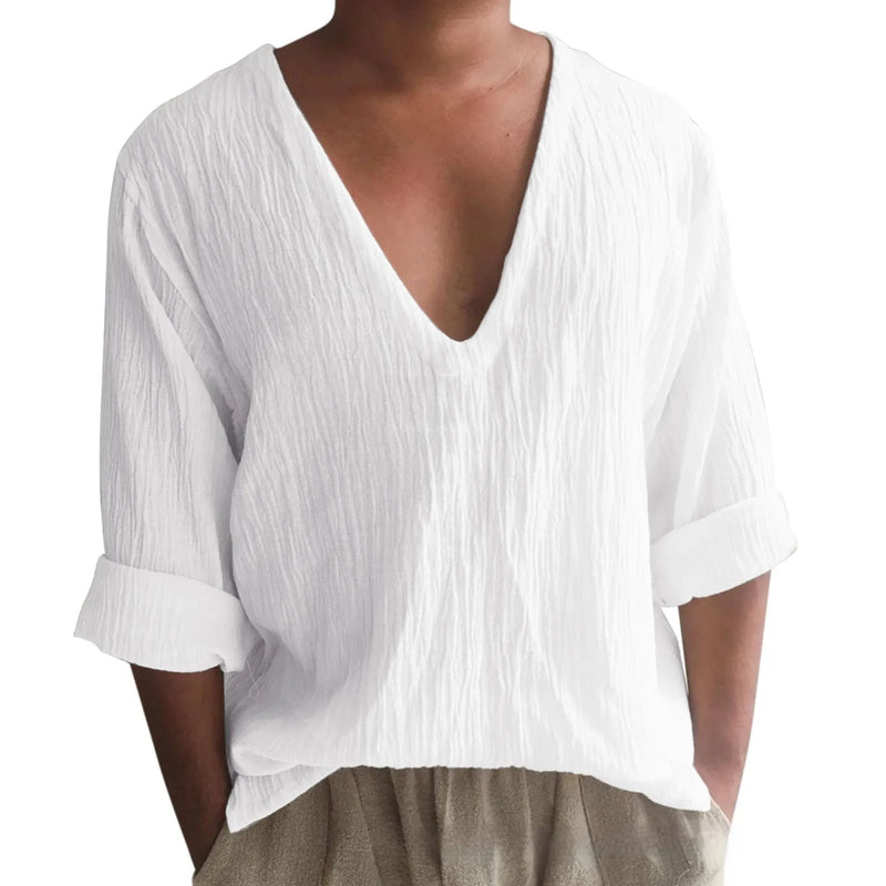 Men's long sleeve V-neck washed cotton t-shirt in solid colours including white, black, sky blue, green, khaki and navy blue, available in sizes from M to XXXL with a British style pullover design for leisure wear.