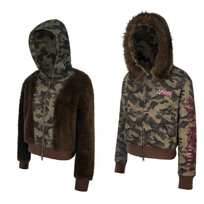Women's camouflage reversible hooded jacket with detachable fur hood, cotton, long sleeves, sizes S M L