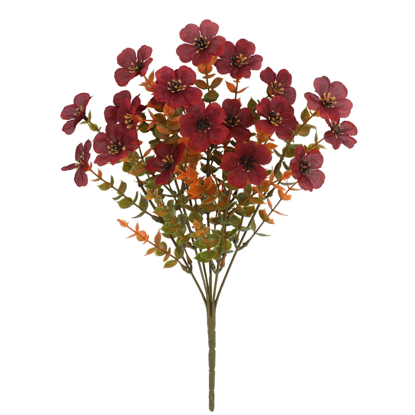 Artificial flower bouquet in autumn colours of red, yellow, and orange made from plastic and silk.