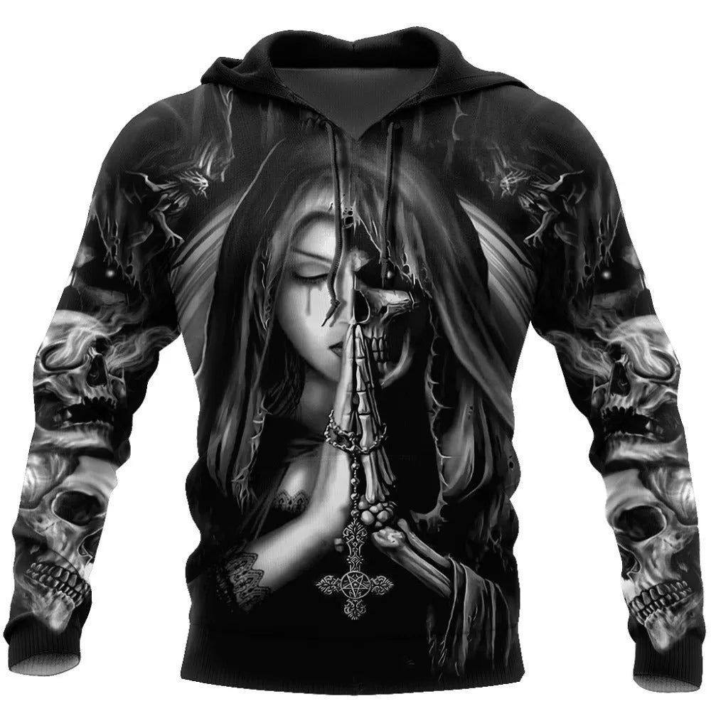 A black hooded sweatshirt with a large white and grey 3D printed skull graphic on the front, featuring long sleeves and a drawstring hood.