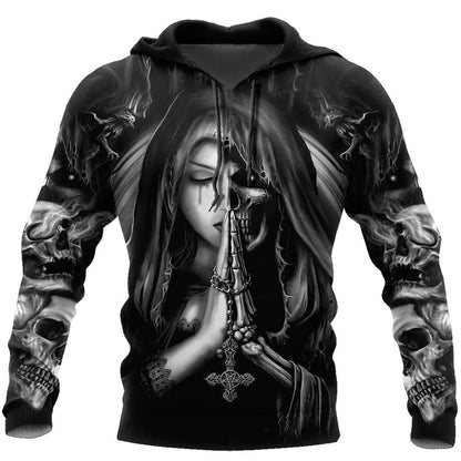 A black hooded sweatshirt with a large white and grey 3D printed skull graphic on the front, featuring long sleeves and a drawstring hood.