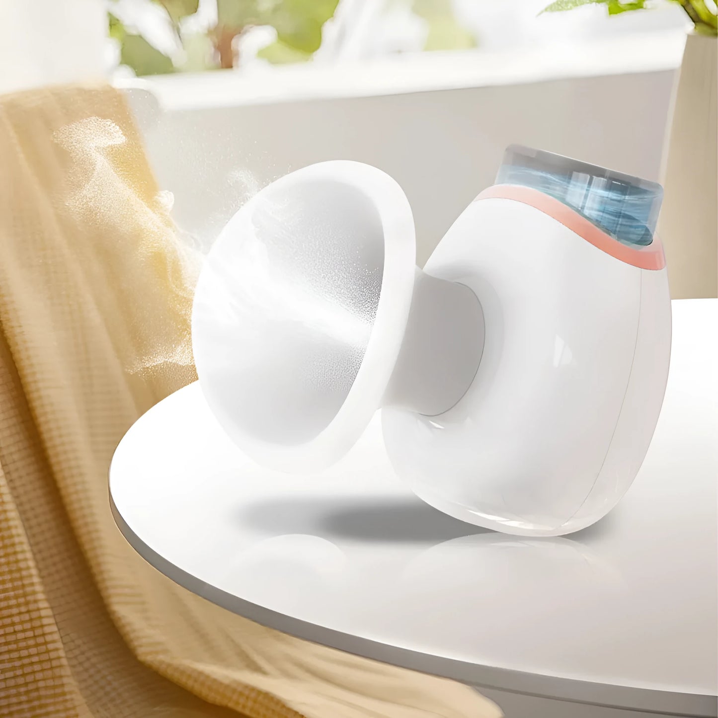 White and purple portable eye humidifier with lithium battery and USB charging cable