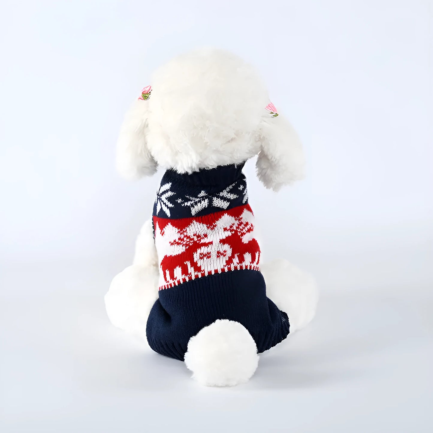 Navy blue knitted Christmas sweater for dogs in traditional European American style