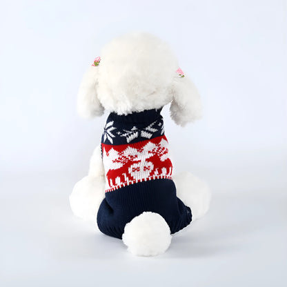 Navy blue knitted Christmas sweater for dogs in traditional European American style