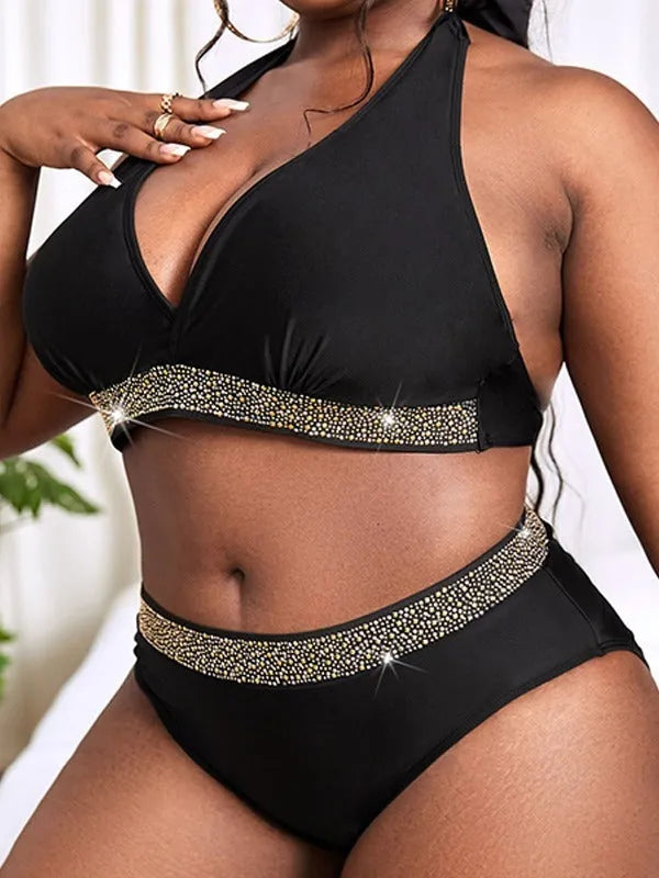 Black plus size women's bikini set with bra and shorts for swimming and hot springs