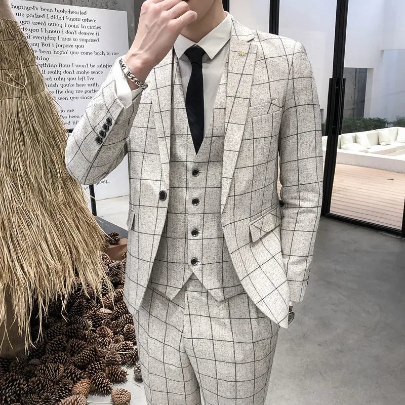 Men's slim fit plaid three-piece suit in chemical fibre viscose blend, available in khaki black dark blue grey
