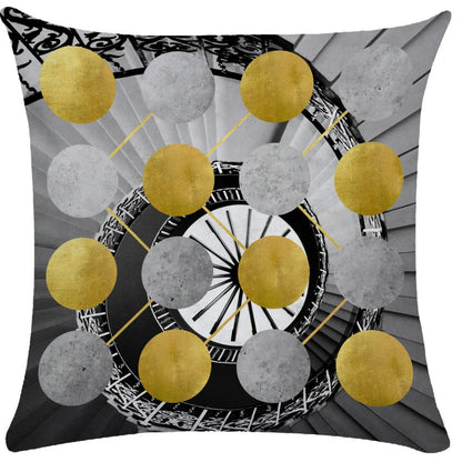 Geometric pattern throw pillow on office sofa showing 45x45cm size with ultra-flexible printing