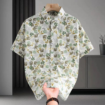 Men's Hawaiian floral print short sleeve cotton shirt in cardigan style