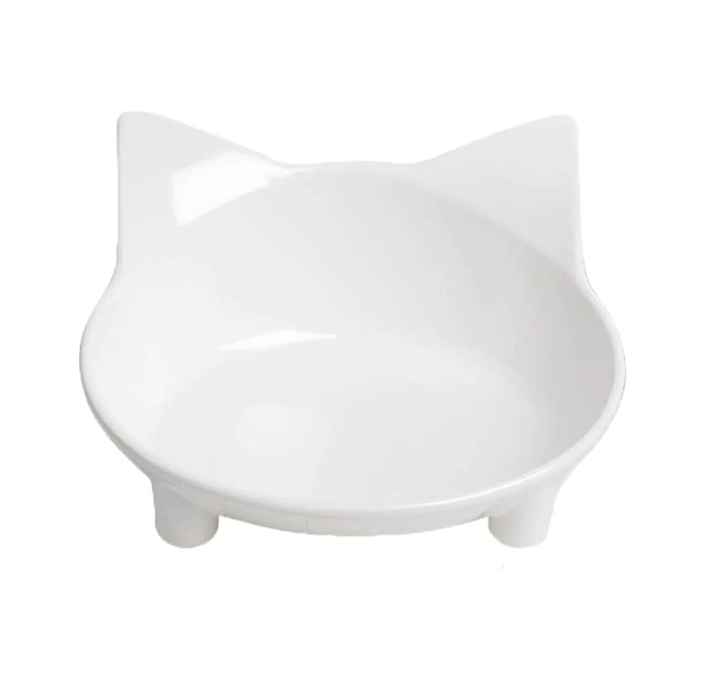 White melamine pet food bowl with shallow dish and non-slip black rubber base on a wooden floor.