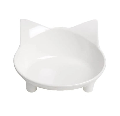 White melamine pet food bowl with shallow dish and non-slip black rubber base on a wooden floor.