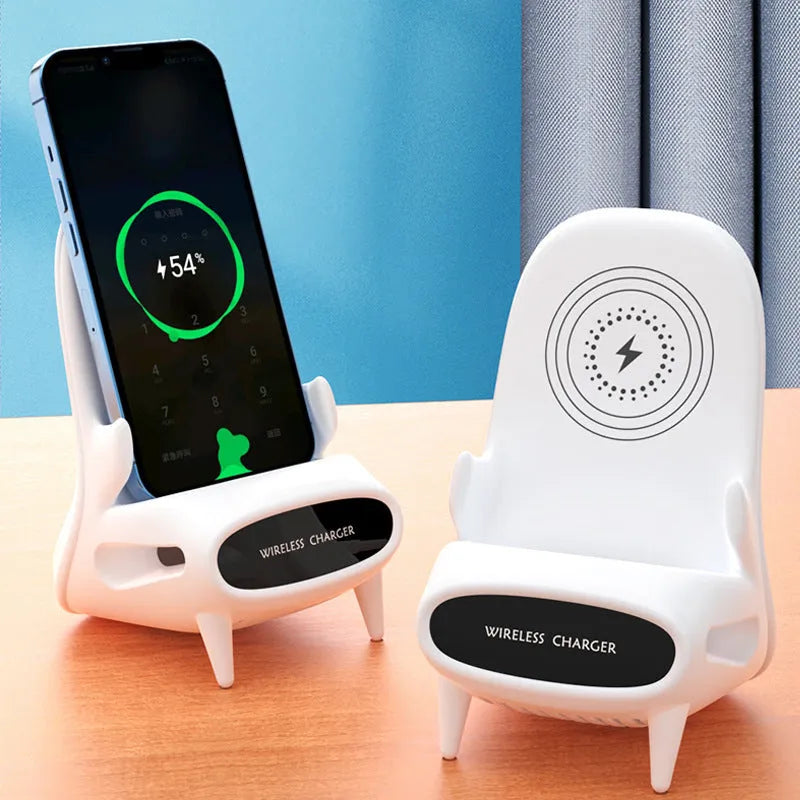 White portable mini chair wireless charger on desk with phone, showing compact 96.3mm size and fast charging