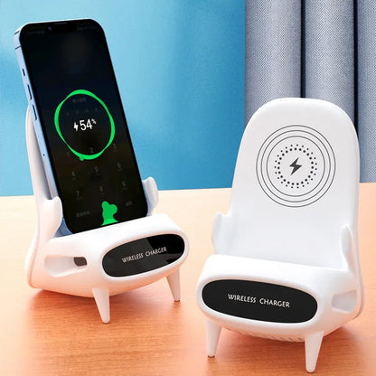 White portable mini chair wireless charger on desk with phone, showing compact 96.3mm size and fast charging