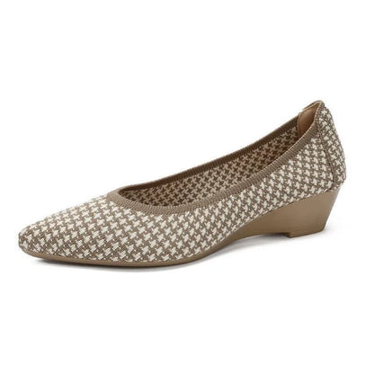 Women's wedge pumps with breathable mesh upper, pointed toe, and low rubber sole in leopard print pattern