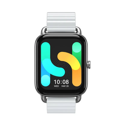 HAYLOU RS4 Plus smartwatch in black on wrist, showing AMOLED display with fitness stats.