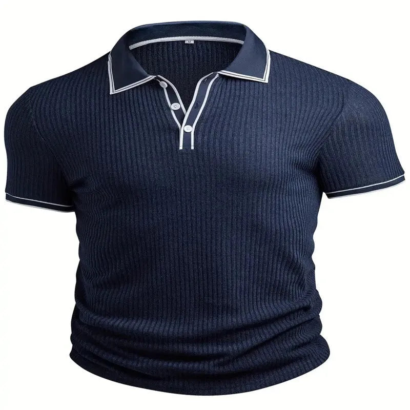 Men's loose fit striped polo shirt in chemical fibre blend fabric, short sleeve, shown in wine red colour.