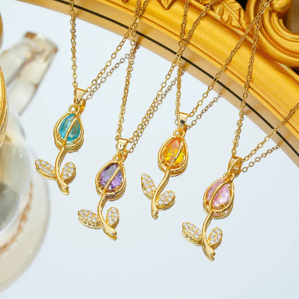 Zircon Tulip necklace with floral pendant on adjustable O-ring chain in gold colour options