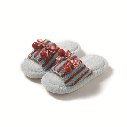 Cherry open plush slippers with contrast colour design, PVC sole, 1-3cm heel, in pink, red and blue, or rose red
