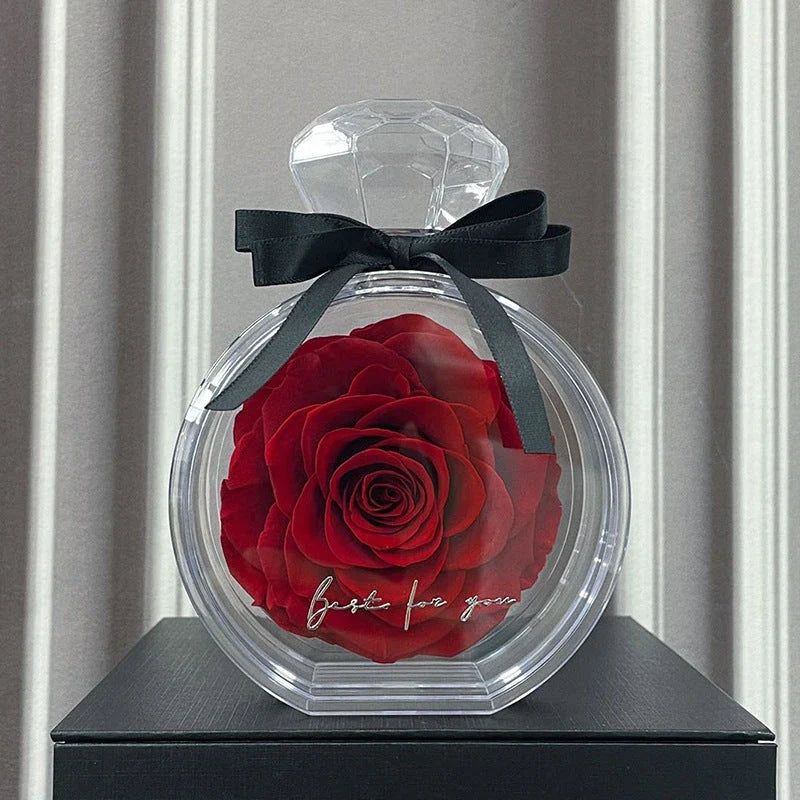 Preserved dried rose floral ornaments in a transparent display, available in various colors for home decor and special occasions