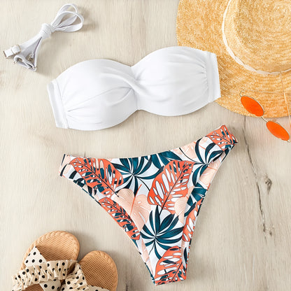 Green split push-up bikini swimsuit set with matching hard storage bag
