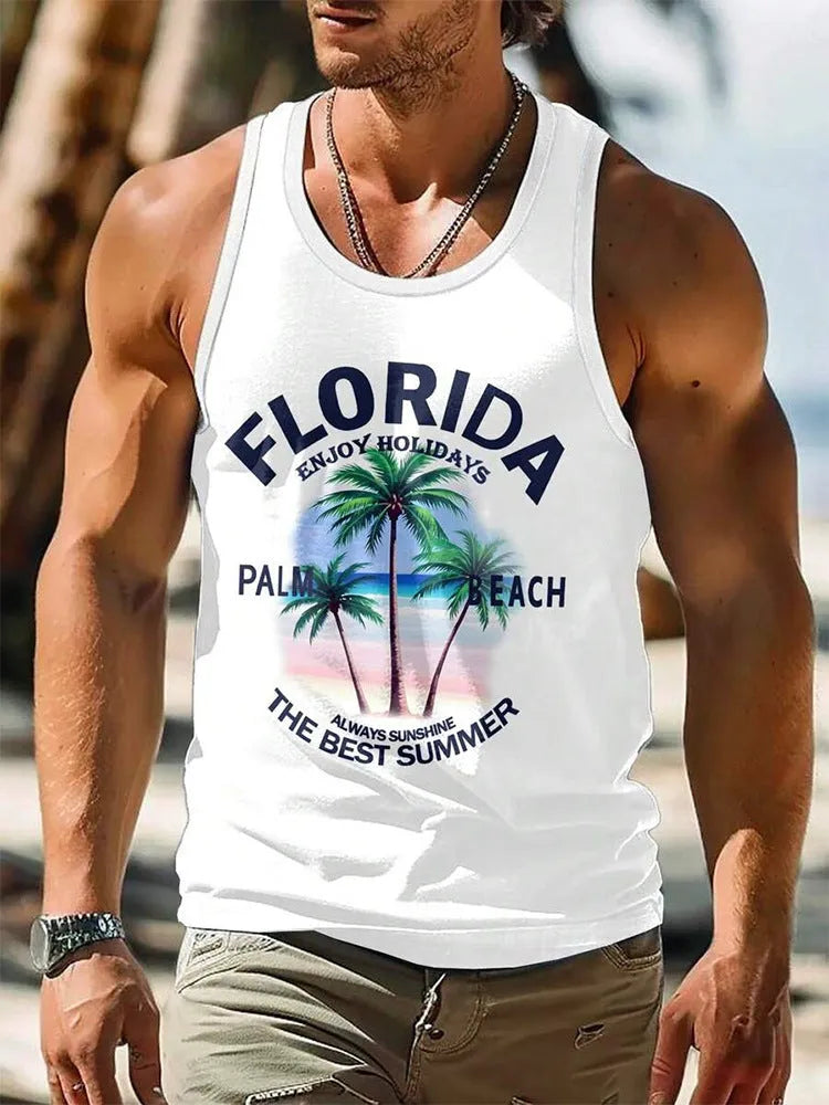 Men's 3D printed sleeveless vest in solid colour Hawaiian style
