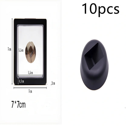 Black 11x11cm suspended 3D floating display frame holding a coin, with square base for stable collectible showcase