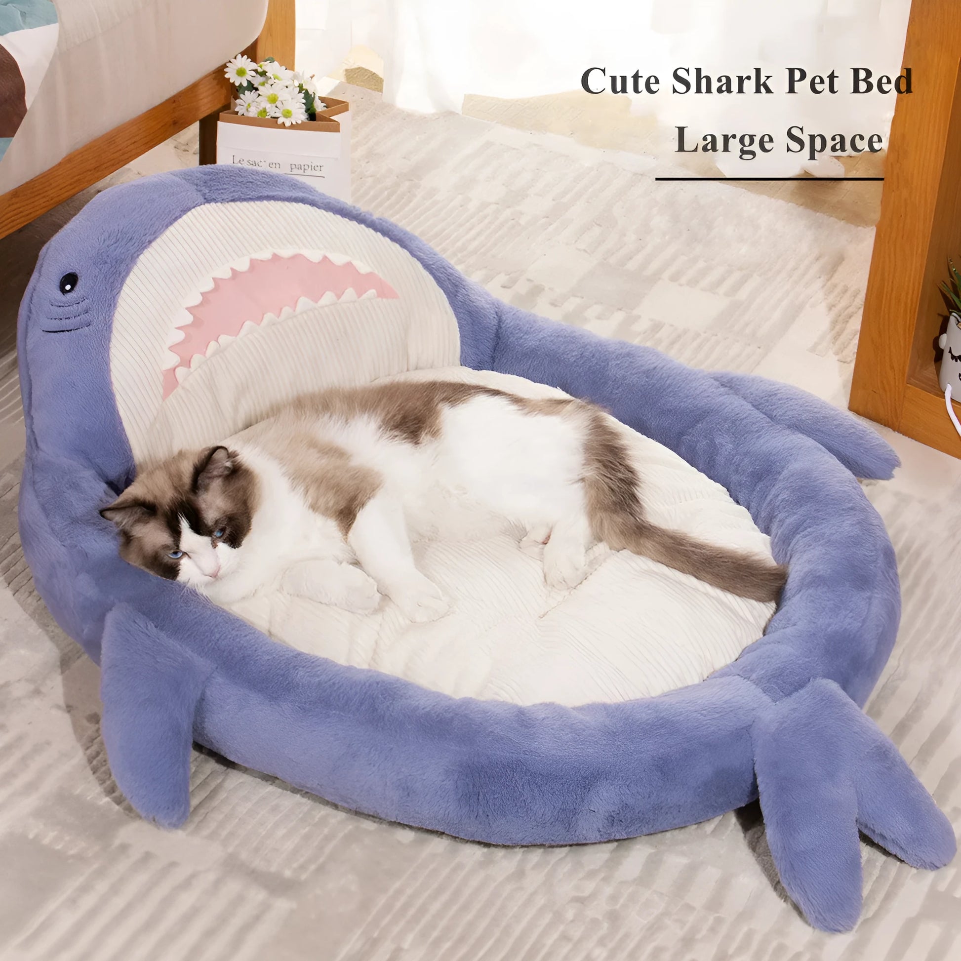 Blue shark pattern velvet pet bed cushion for small dog on wooden floor