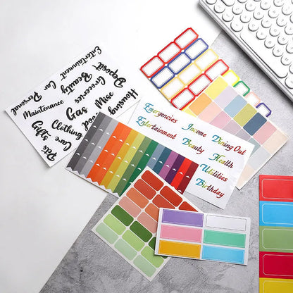Handwritten label adhesive sticker set showing grid layouts, sticky notes, and A6 rulers on paper