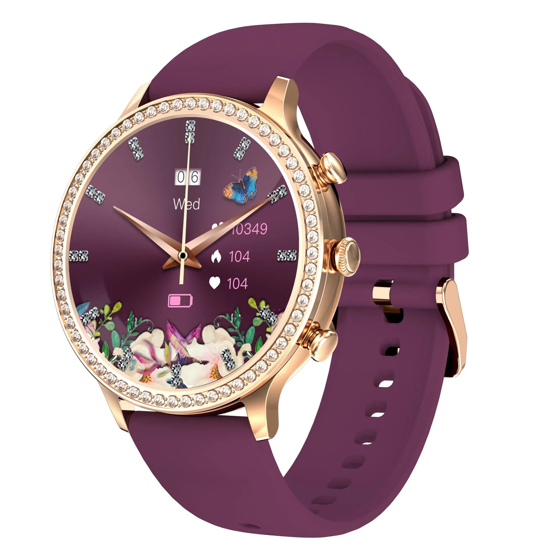Women's smartwatch with Bluetooth calling on a silicone strap, showing gold and silver colour variants.