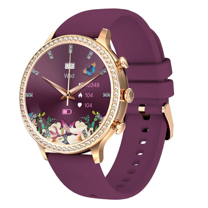 Women's smartwatch with Bluetooth calling on a silicone strap, showing gold and silver colour variants.