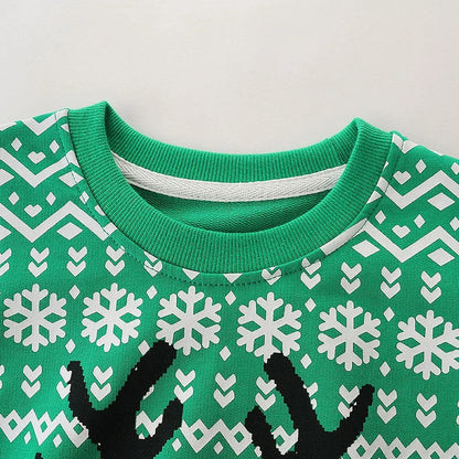 Green boys' sweatshirt with animal cartoon patterns and long sleeves for autumn wear