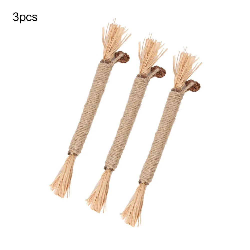 Natural silvervine chew sticks for cats with sisal rope for dental care, showing thick and fine diameter options
