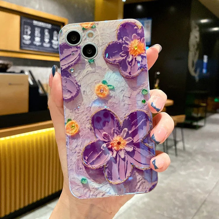 Purple and yellow soft silicone phone case with oil painting flower design and diamond drop glue decoration