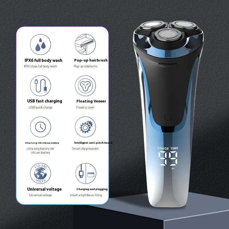 Floating 4D three cutter head rechargeable shaver with digital display electric shaver featuring USB power, brushed motor for up to 60 minutes runtime per charge, and fully washable cleaning method in gun colour