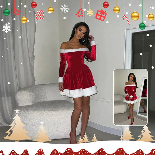Women's festive Christmas Santa dress with plush trim, boat-neck off-the-shoulder design, and red color