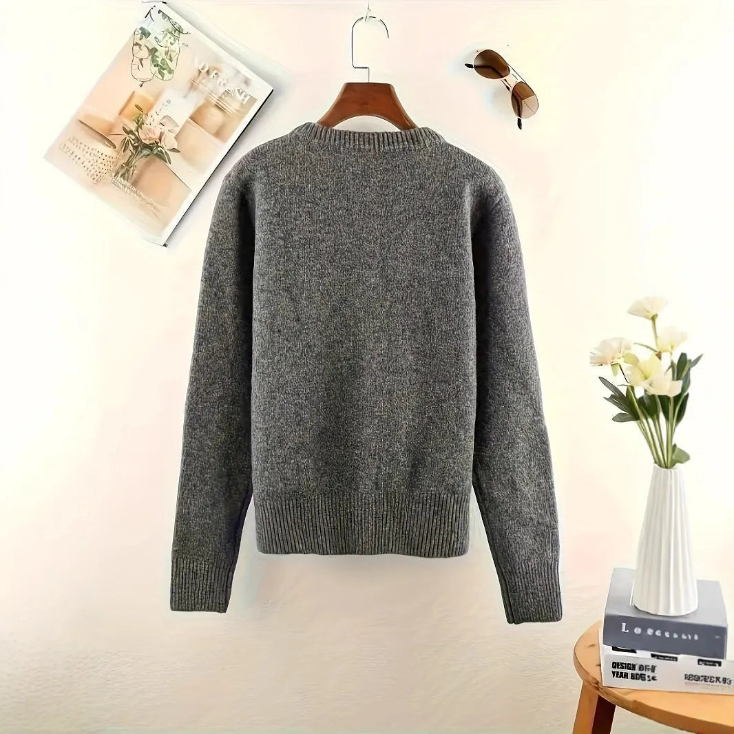 Dark grey women's polyester cardigan with button front and long sleeves