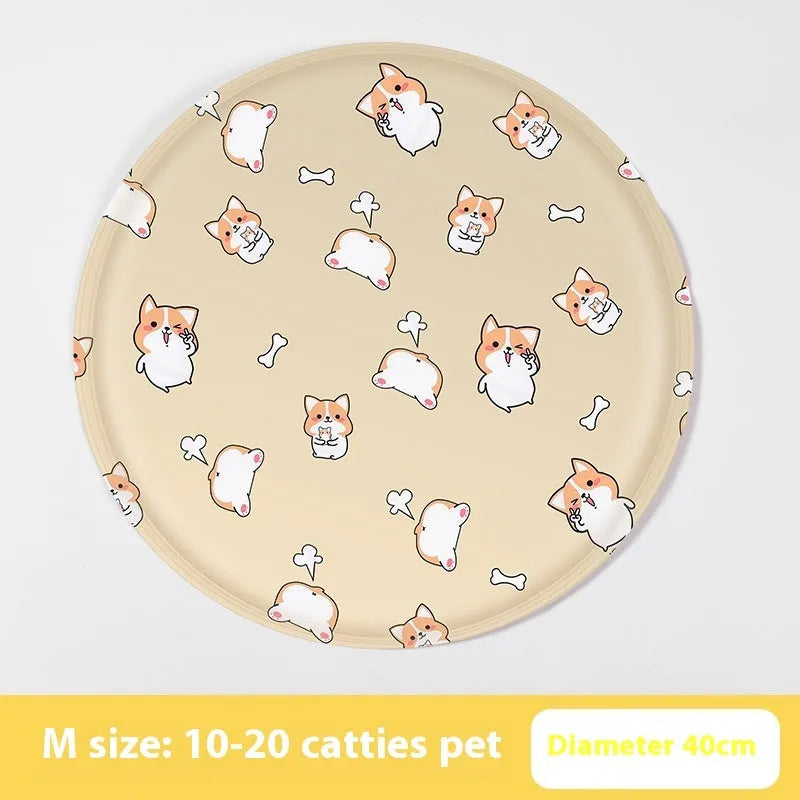 Round pet cooling mat with cartoon designs in 40cm and 50cm sizes for dogs