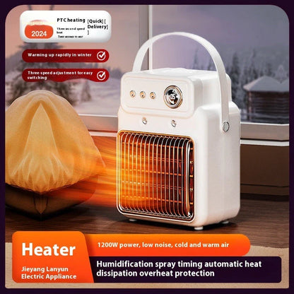Dual-function 1200W warm mist humidifying heater with adjustable temperature and humidity settings, overheating protection, and modern white design