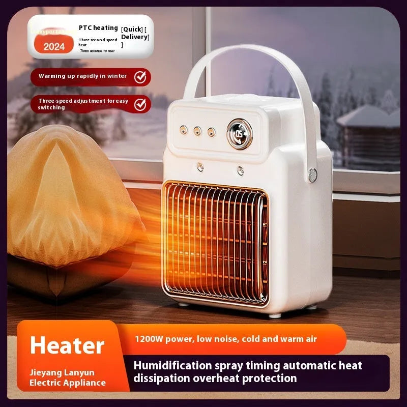 White 1200W room heater with humidifier measuring 19cm by 25cm, showing control panel with temperature and mist settings