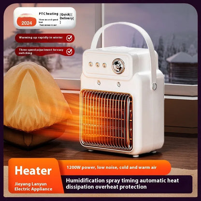White 1200W room heater with humidifier measuring 19cm by 25cm, showing control panel with temperature and mist settings
