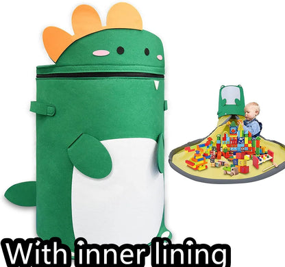 Green felt storage cube with pull rope, unfolded flat as a square play mat next to toys.