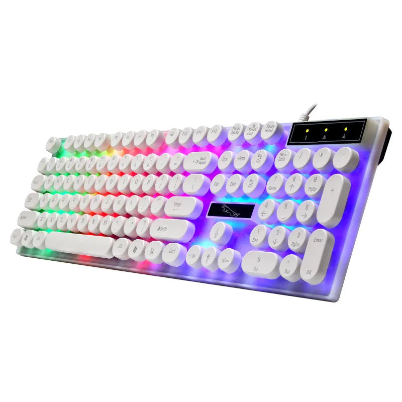 White waterproof gaming keyboard with RGB backlight and 104 keys on black desk