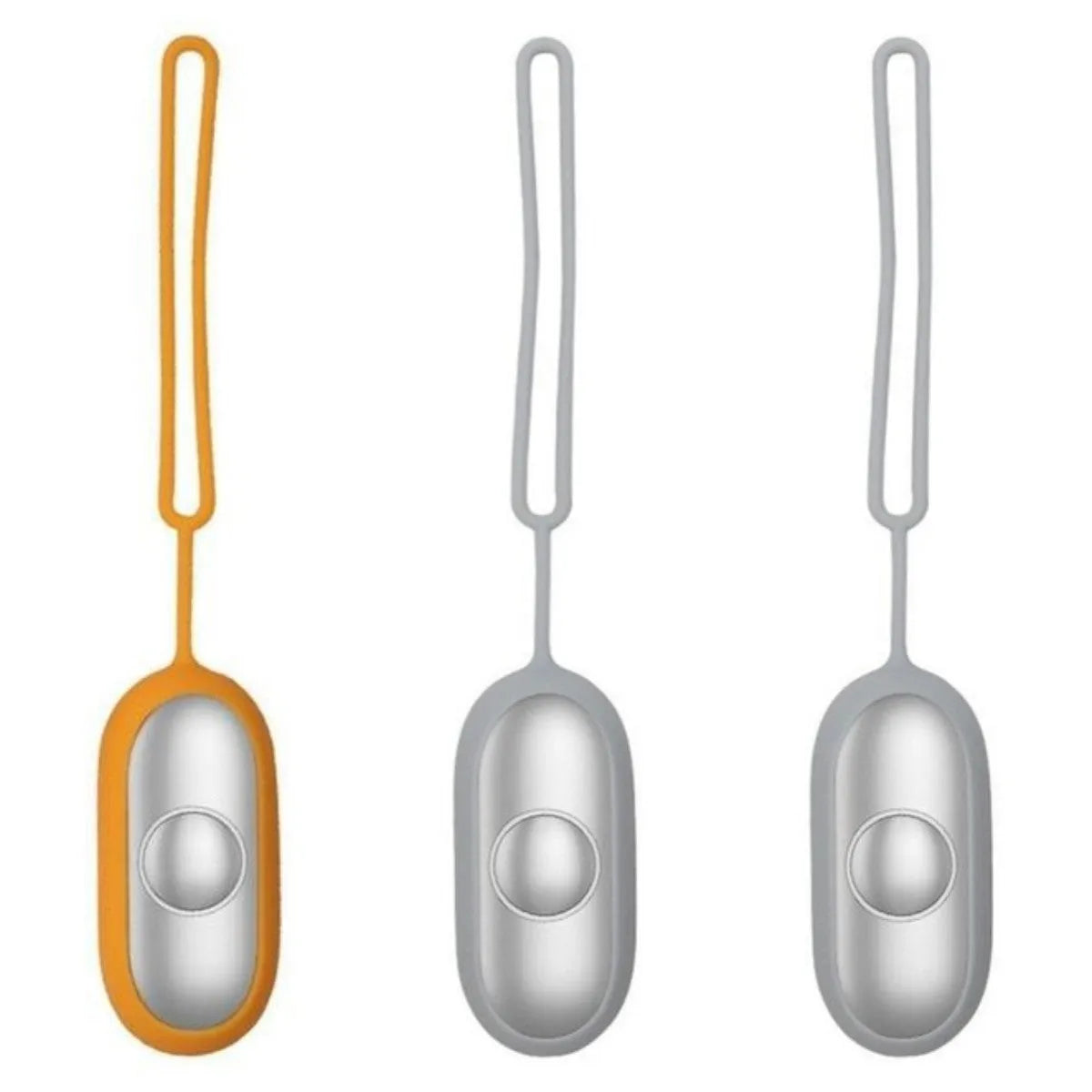 Hand-held micro-current sleep aid device in grey, green, or orange with round button and USB charging port