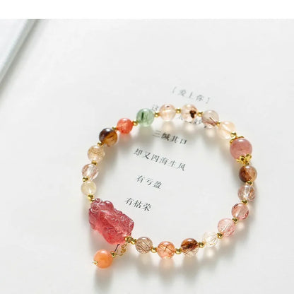 Women's strawberry quartz crystal bracelet with Pixiu charm and freshwater pearls on copper components